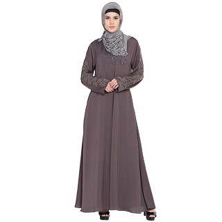 Designer embroidery umbrella abaya-Ash brown